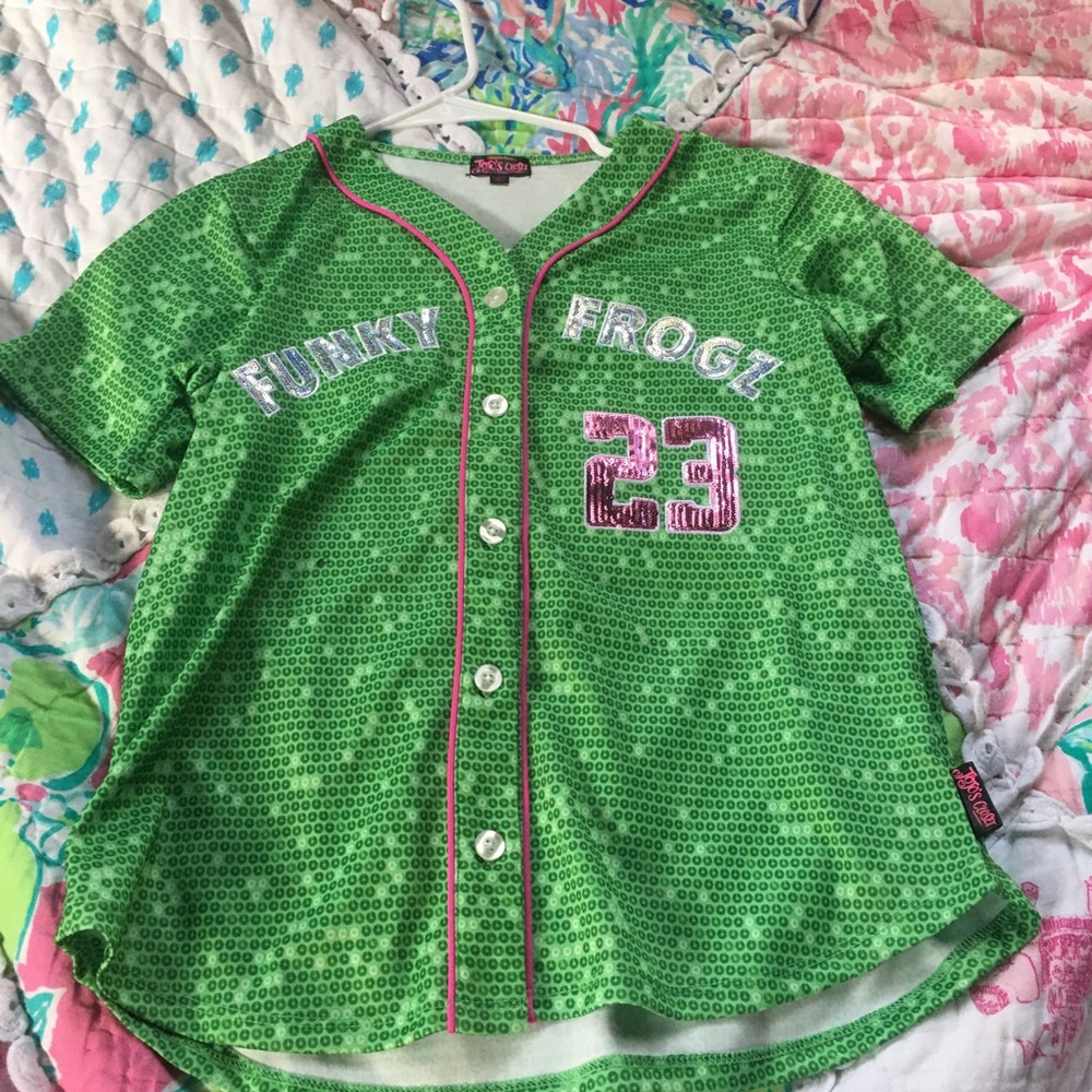 JoJo’s Closet Funky Frogs glam baseball jersey.